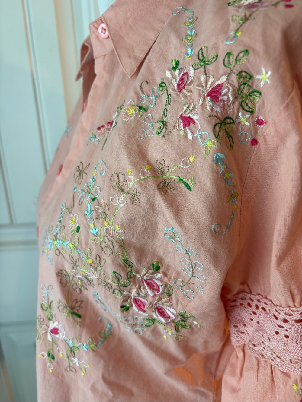 Embroidered Pink Button-Front Women's Shirt - Picture 8 of 10